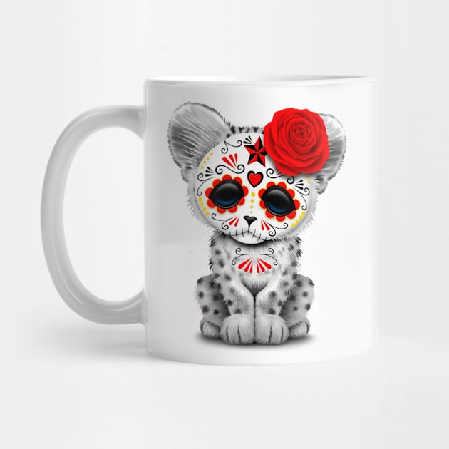 Red Day of the Dead Sugar Skull Snow Leopard Cub by jeffbartels